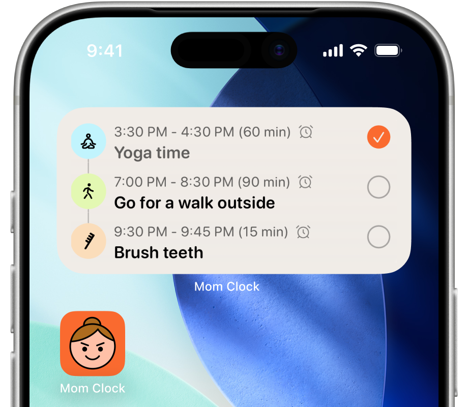 Mom Clock widget on the home screen